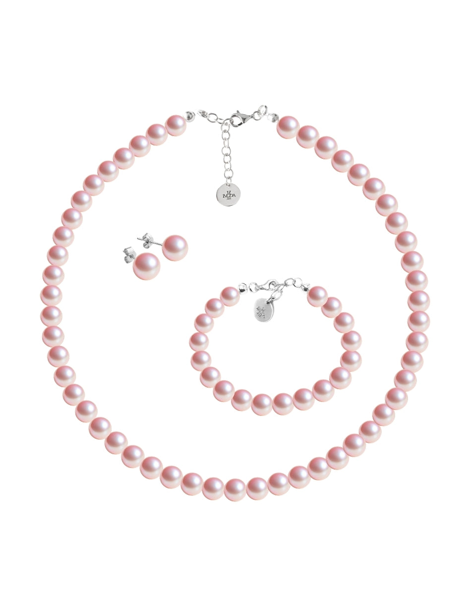 Collar, Aretes y Pulsera de Mujer Perlas de Cristal Swarovski, Plata .925