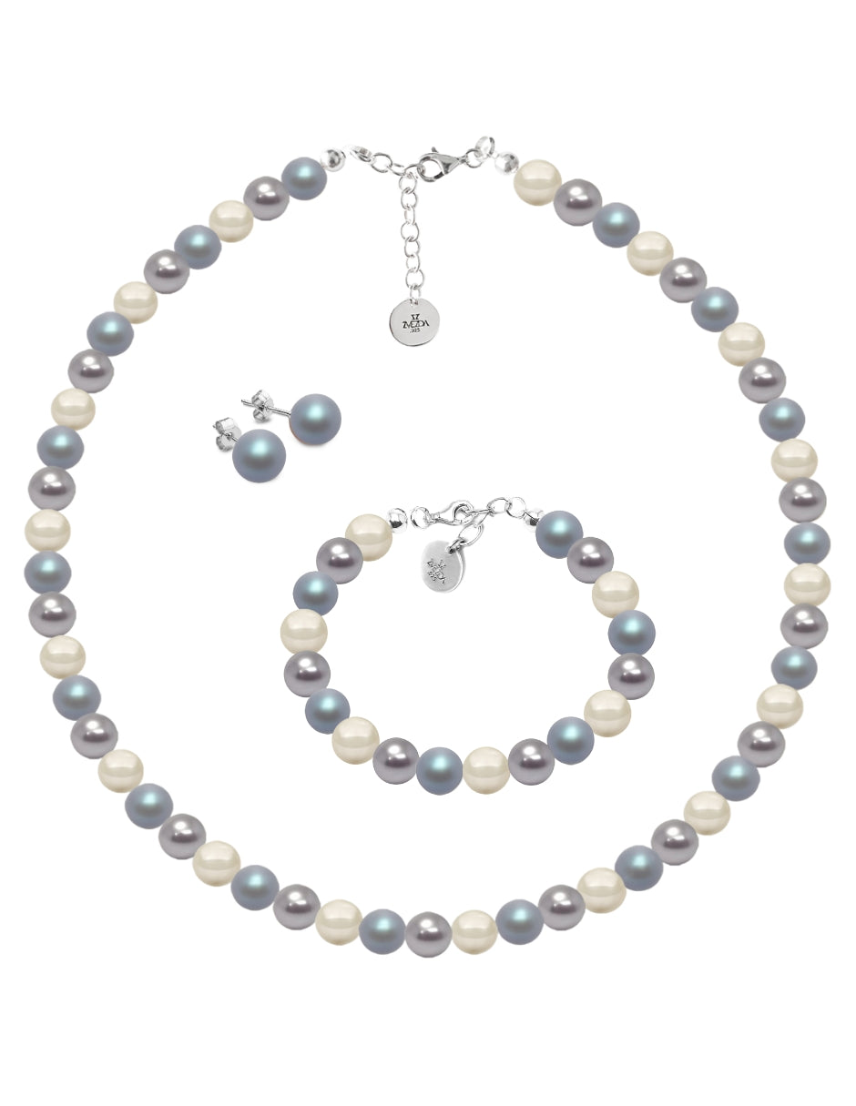 Collar, Aretes y Pulsera de Mujer Perlas de Cristal Plata .925 Zvezda