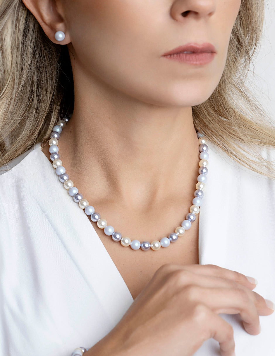 Collar, Aretes y Pulsera de Mujer Perlas de Cristal Plata .925 Zvezda