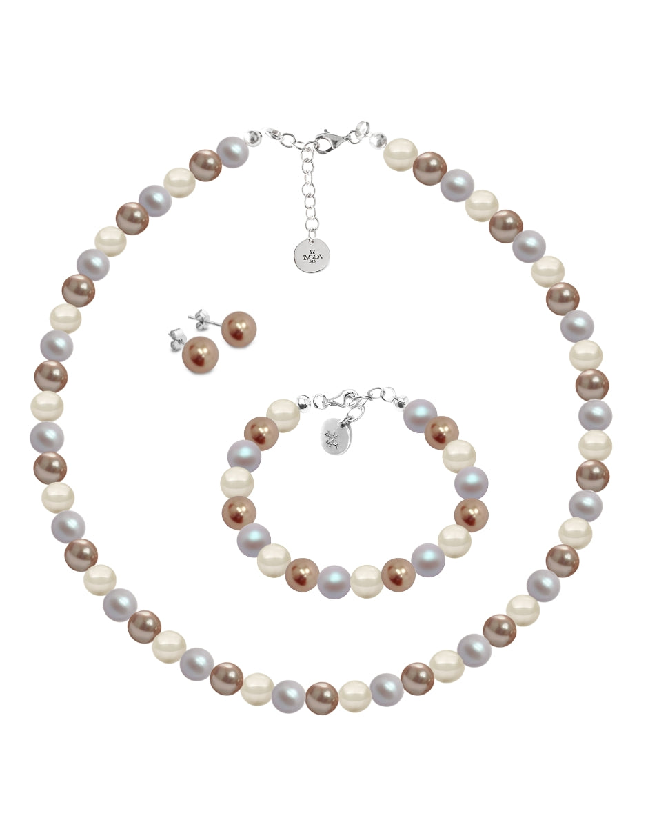 Collar, Aretes y Pulsera de Mujer Perlas de Cristal Plata .925 Zvezda