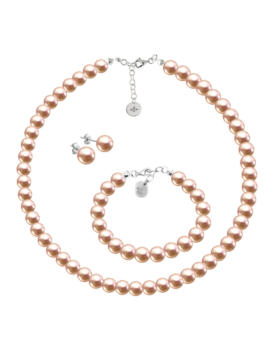 Collar, Aretes y Pulsera de Mujer Perlas de Cristal Swarovski, Plata .925