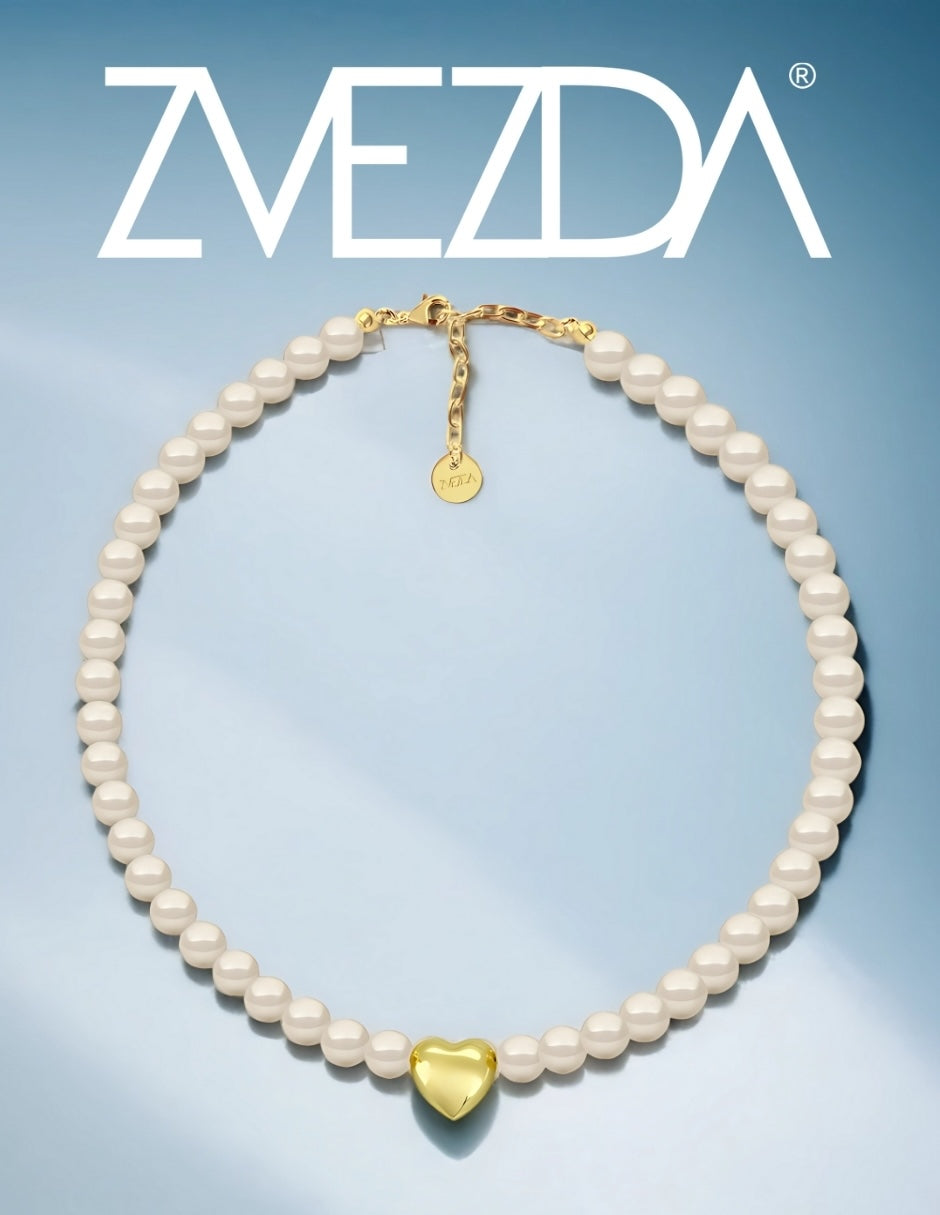 Collar de Mujer con Dije Corazón Perlas de Cristal Chapa de oro 18K Zvezda