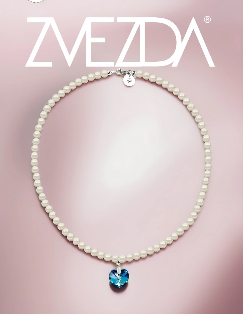 Collar de Mujer con dije de Corazón Perlas de Cristal Plata .925 Zvezda