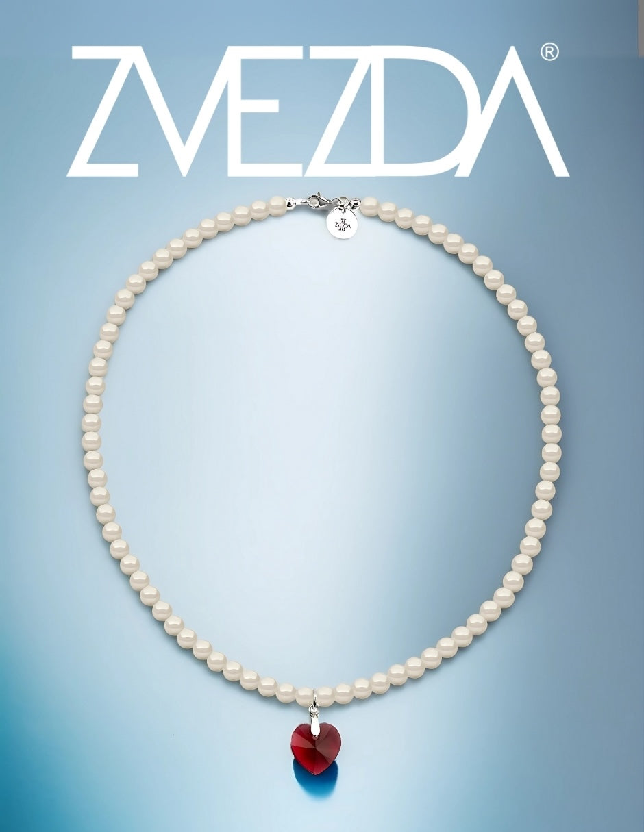 Collar de Mujer con dije de Corazón Perlas de Cristal Plata .925 Zvezda
