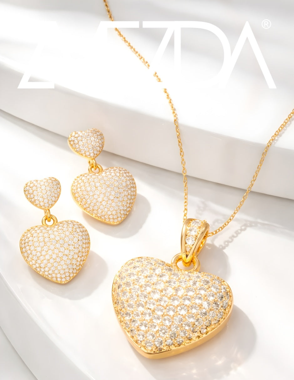 Collar y Aretes de Mujer Chapa de oro 18K Corazón con Circonia