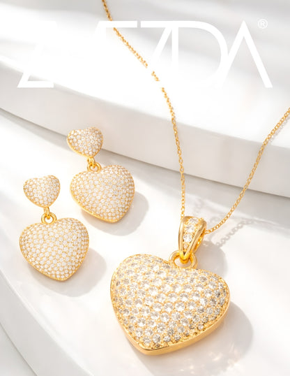 Collar y Aretes de Mujer Chapa de oro 18K Corazón con Circonia