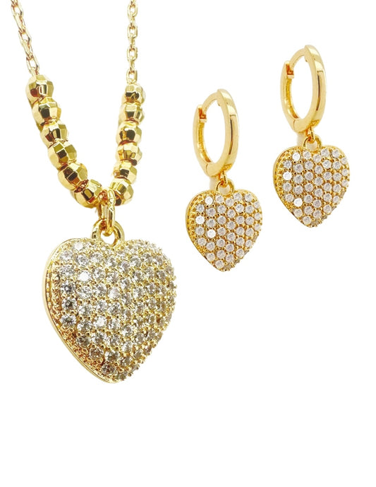 Collar y aretes de mujer Chapa de oro 18K Corazón y Circonias