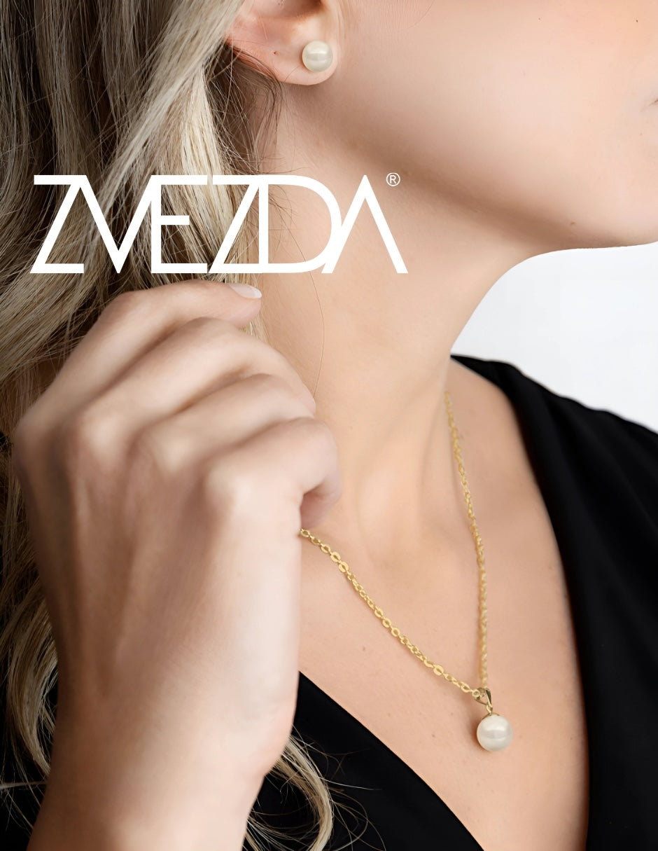 Collar y Aretes de Mujer, Chapa de Oro 18k, Perlas de Cristal Zvezda