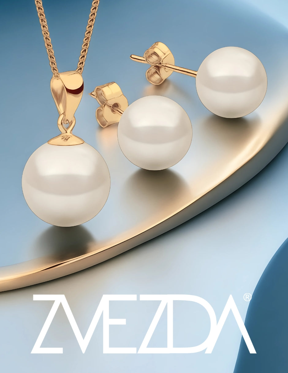 Collar y Aretes de Mujer, Chapa de Oro 18k, Perlas de Cristal Zvezda