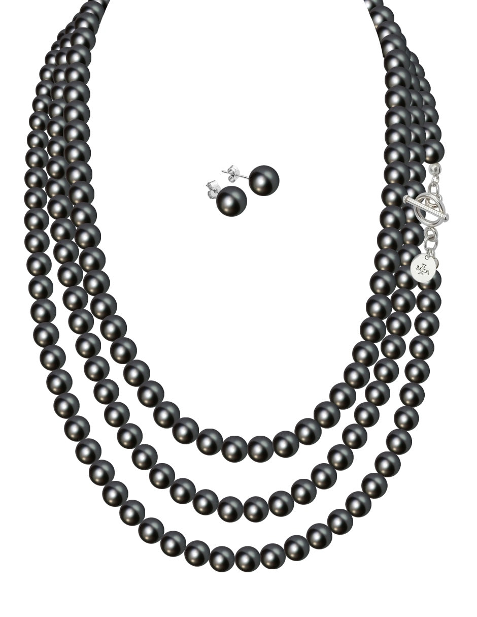 Collar Triple y Aretes de Mujer Perlas de Cristal Swarovski Plata .925