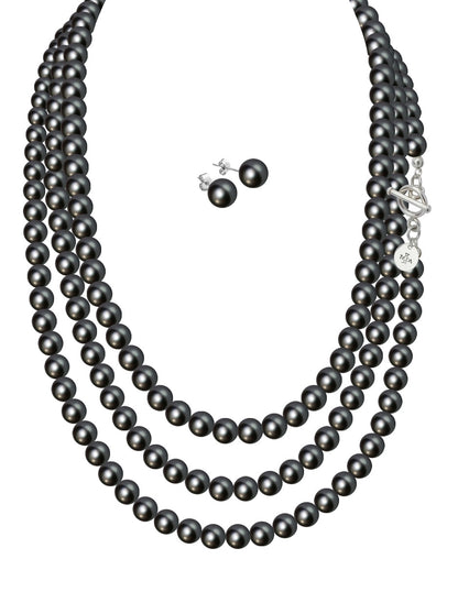 Collar Triple y Aretes de Mujer Perlas de Cristal Swarovski Plata .925