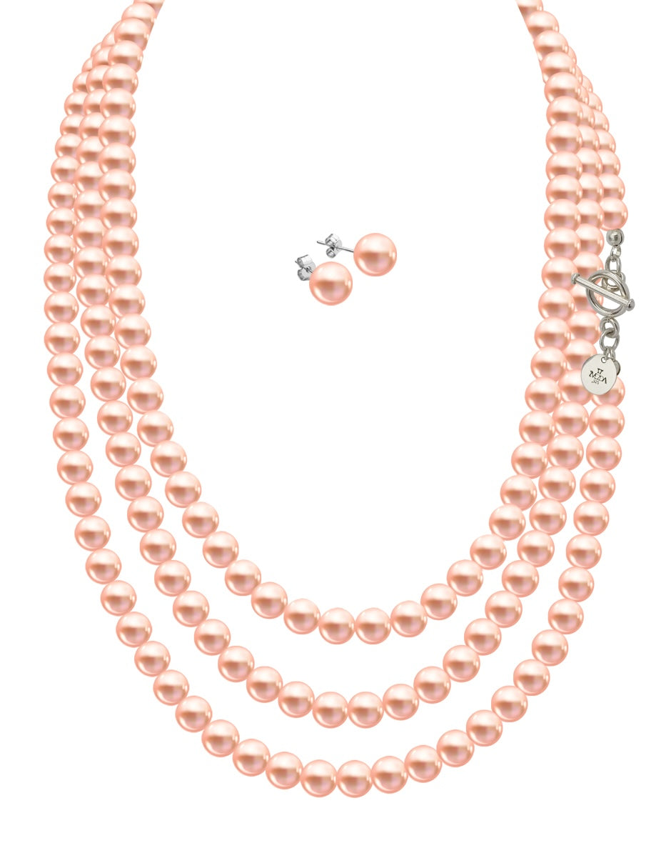 Collar Triple y Aretes de Mujer Perlas de Cristal Swarovski Plata .925