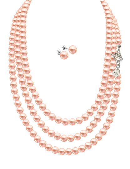 Collar Triple y Aretes de Mujer Perlas de Cristal Swarovski Plata .925