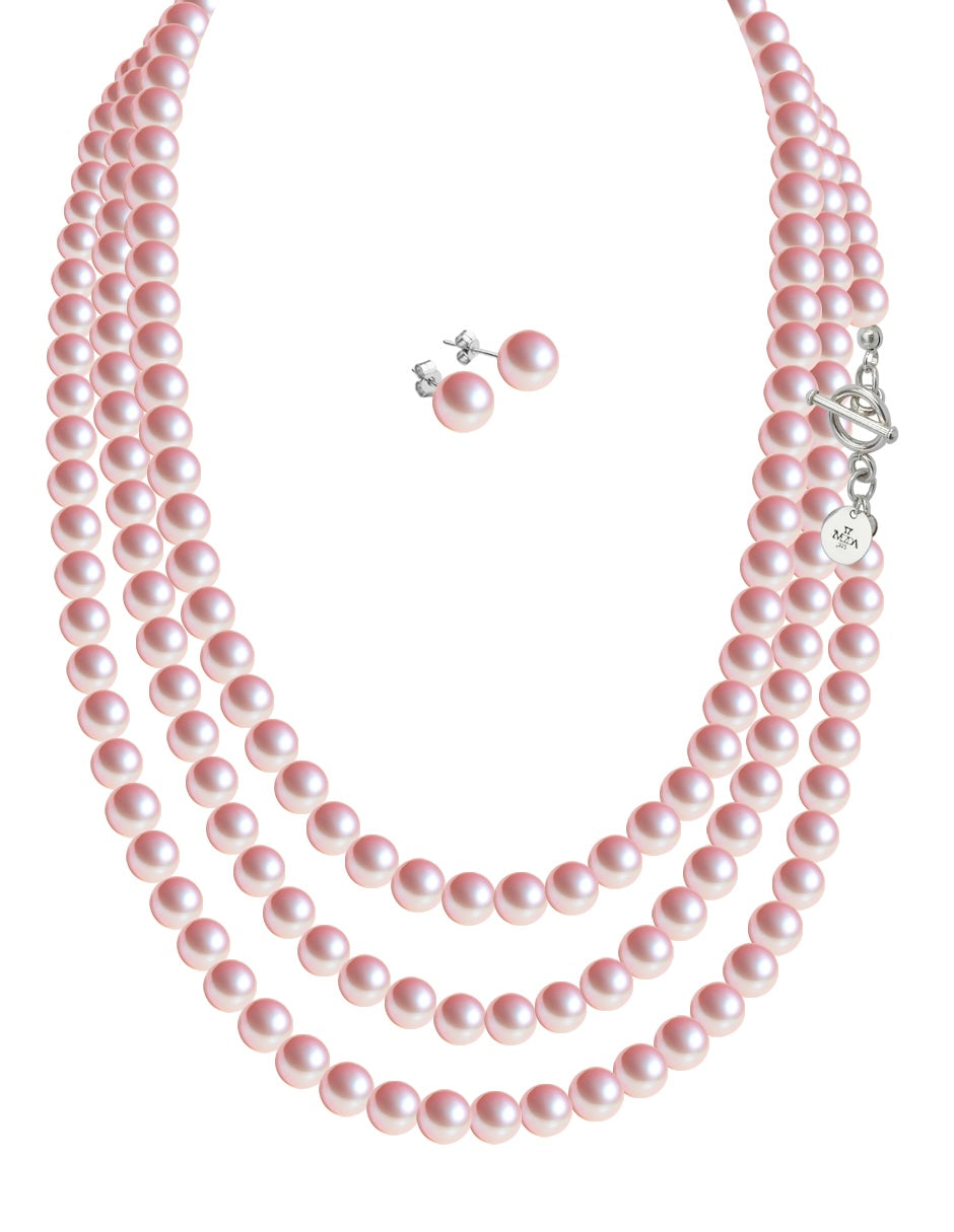 Collar Triple y Aretes de Mujer Perlas de Cristal Plata .925 Zvezda