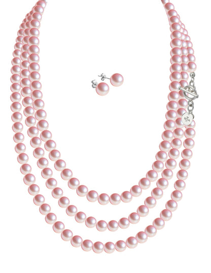 Collar Triple y Aretes de Mujer Perlas de Cristal Swarovski Plata .925