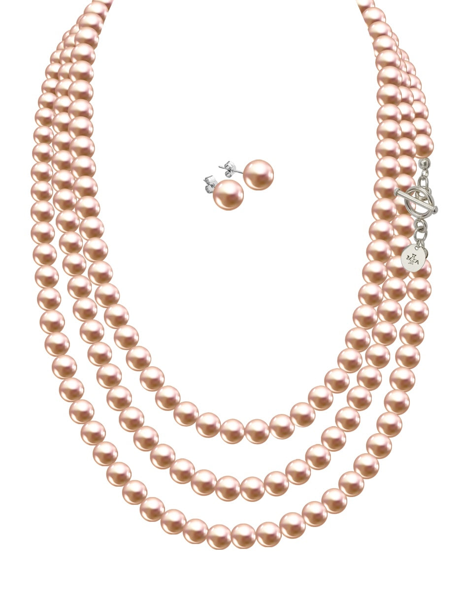 Collar Triple y Aretes de Mujer Perlas de Cristal Swarovski Plata .925