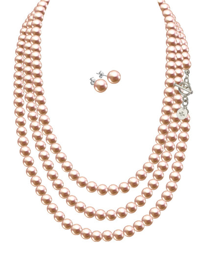 Collar Triple y Aretes de Mujer Perlas de Cristal Swarovski Plata .925