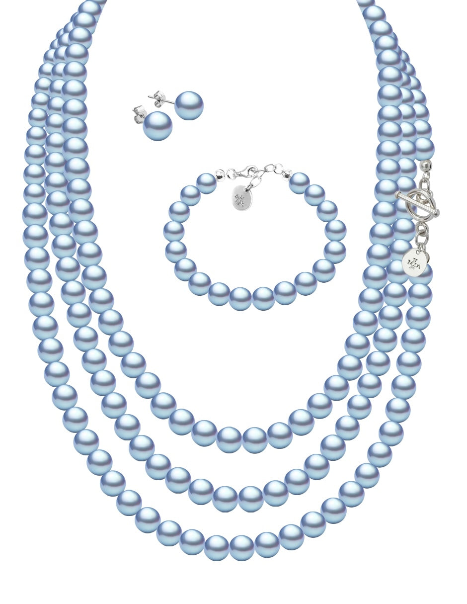 Collar Triple, Aretes y Pulsera de Mujer Perlas de Cristal Plata.925 Zvezda