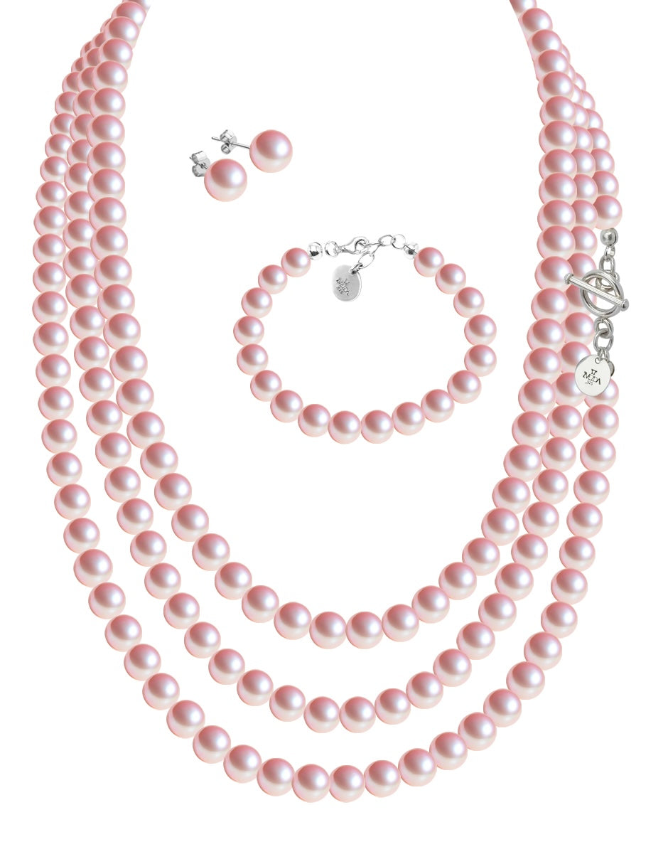Collar Triple, Aretes y Pulsera de Mujer Perlas de Cristal Plata.925 Zvezda