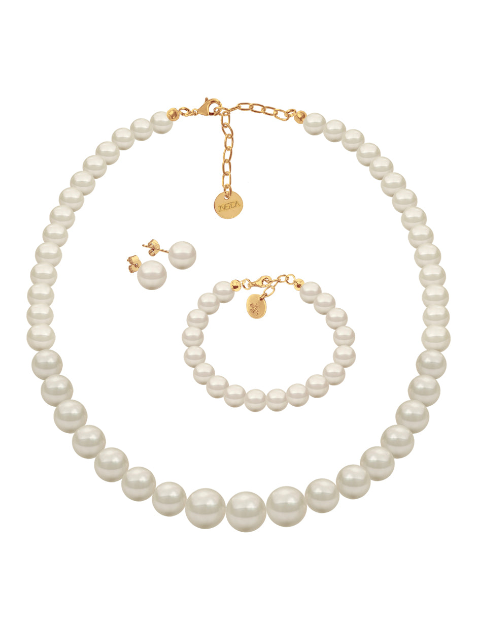 Collar, Aretes y Pulsera de Mujer Perlas de cristal, Chapa Oro 18k Zvezda