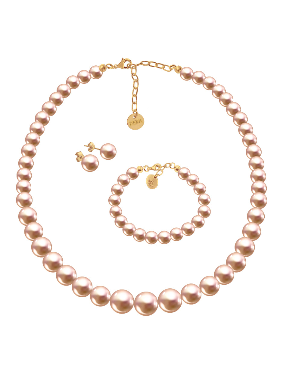 Collar, Aretes y Pulsera de Mujer Perlas de cristal, Chapa Oro 18k Zvezda