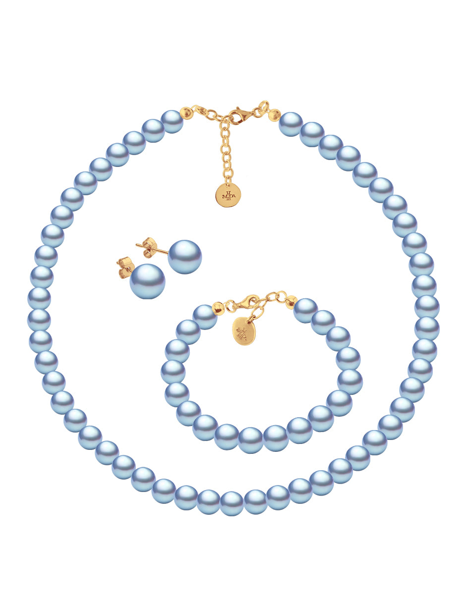 Collar, Aretes y Pulsera de Mujer Perlas de Cristal, Chapa de Oro 18k Zvezda