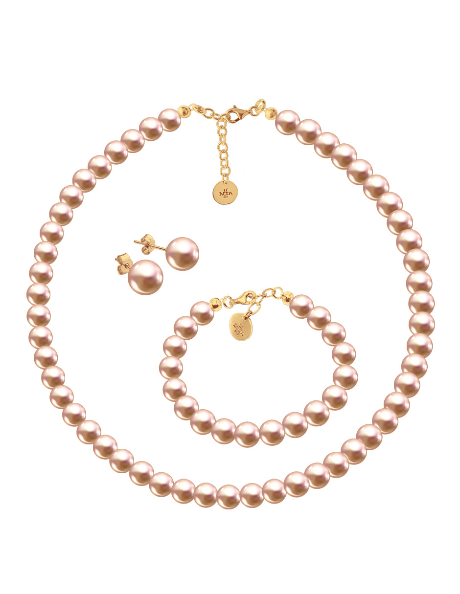 Collar, Aretes y Pulsera de Mujer Perlas de Cristal, Chapa de Oro 18k Zvezda