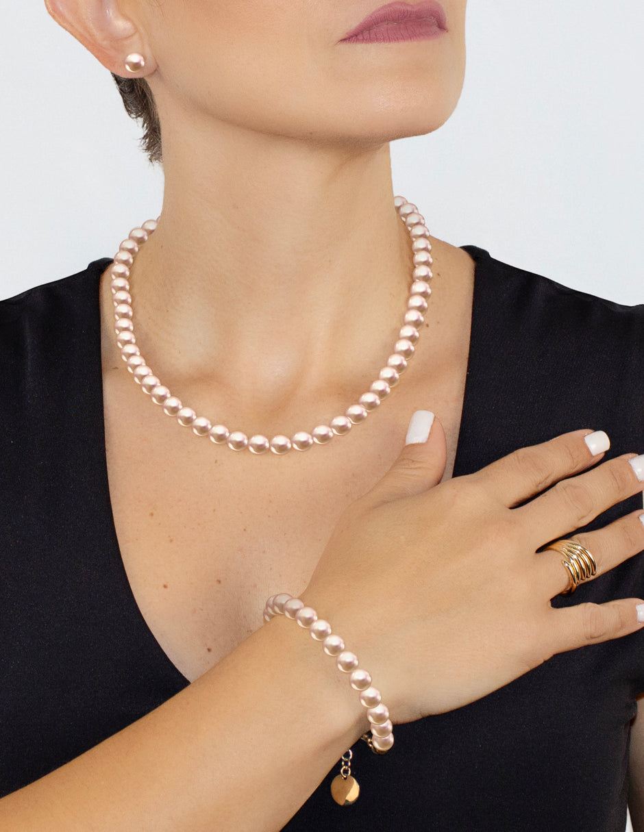 Collar, Aretes y Pulsera de Mujer Perlas de Cristal, Chapa de Oro 18k Zvezda