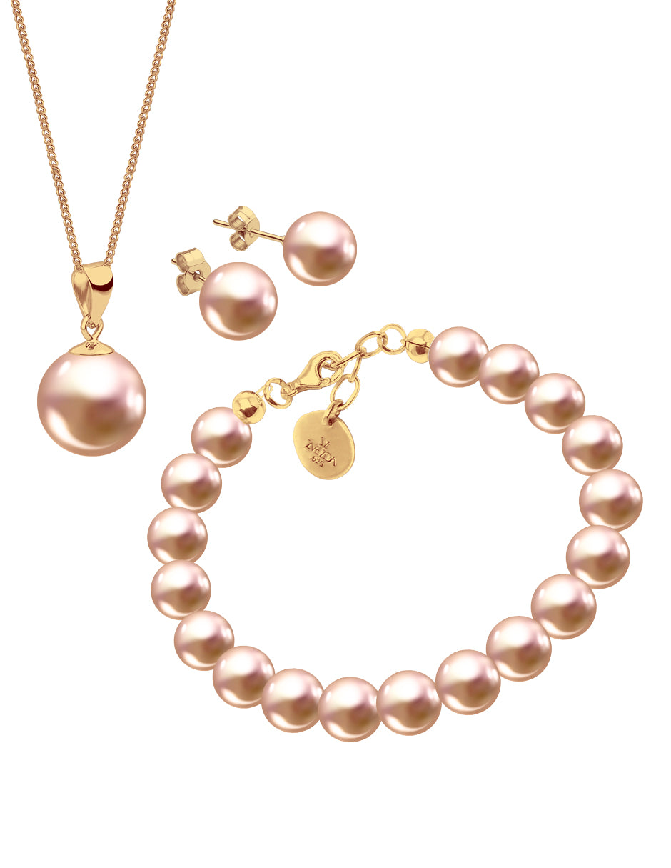 Collar, Aretes y Pulsera de Mujer, Chapa Oro 18k, Perlas de Cristal Zvezda