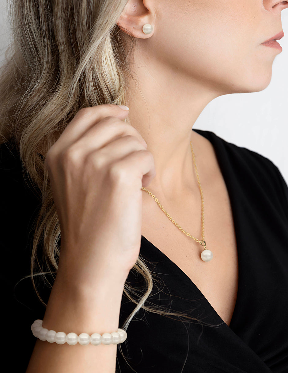 Collar, Aretes y Pulsera de Mujer, Chapa Oro 18k, Perlas de Cristal Zvezda