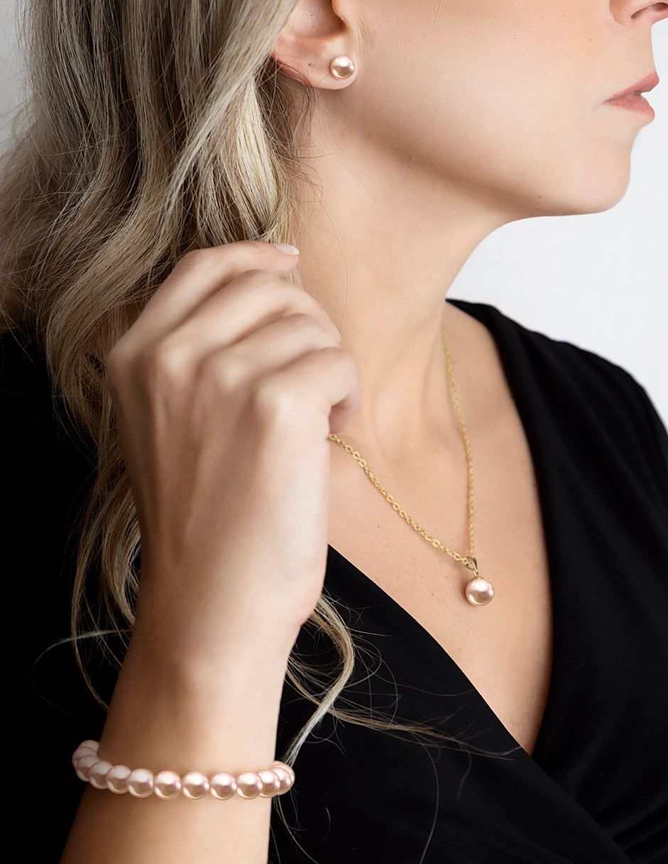 Collar, Aretes y Pulsera de Mujer, Chapa Oro 18k, Perlas de Cristal Zvezda