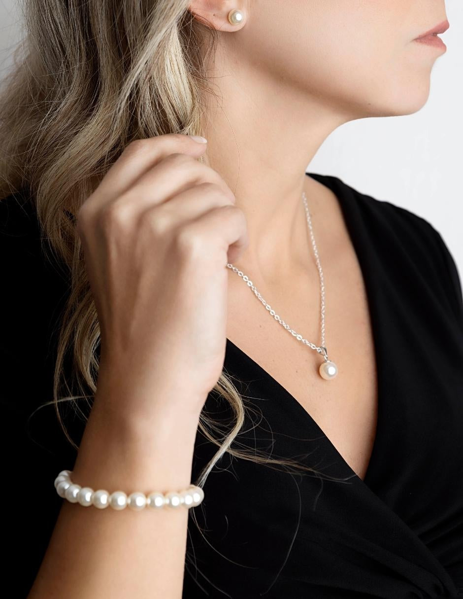 Collar Aretes y Pulsera de Mujer Plata .925 Perlas de Cristal Zvezda