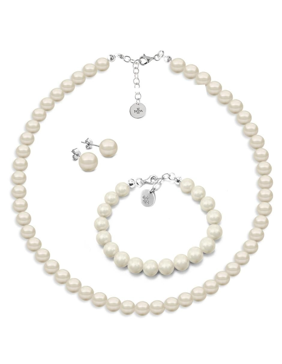 Collar, Aretes y Pulsera de Mujer Perlas de Cristal Plata .925 Zvezda