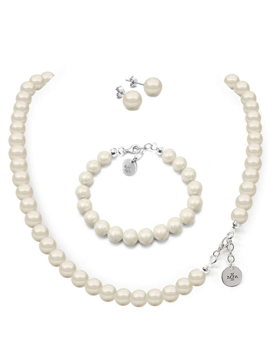Collar, Aretes y Pulsera de Mujer Perlas de Cristal Plata .925 Zvezda