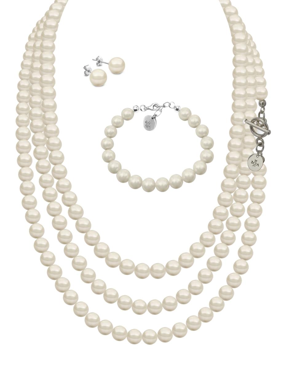 Collar Triple, Aretes y Pulsera de Mujer Perlas de Cristal Plata.925 Zvezda