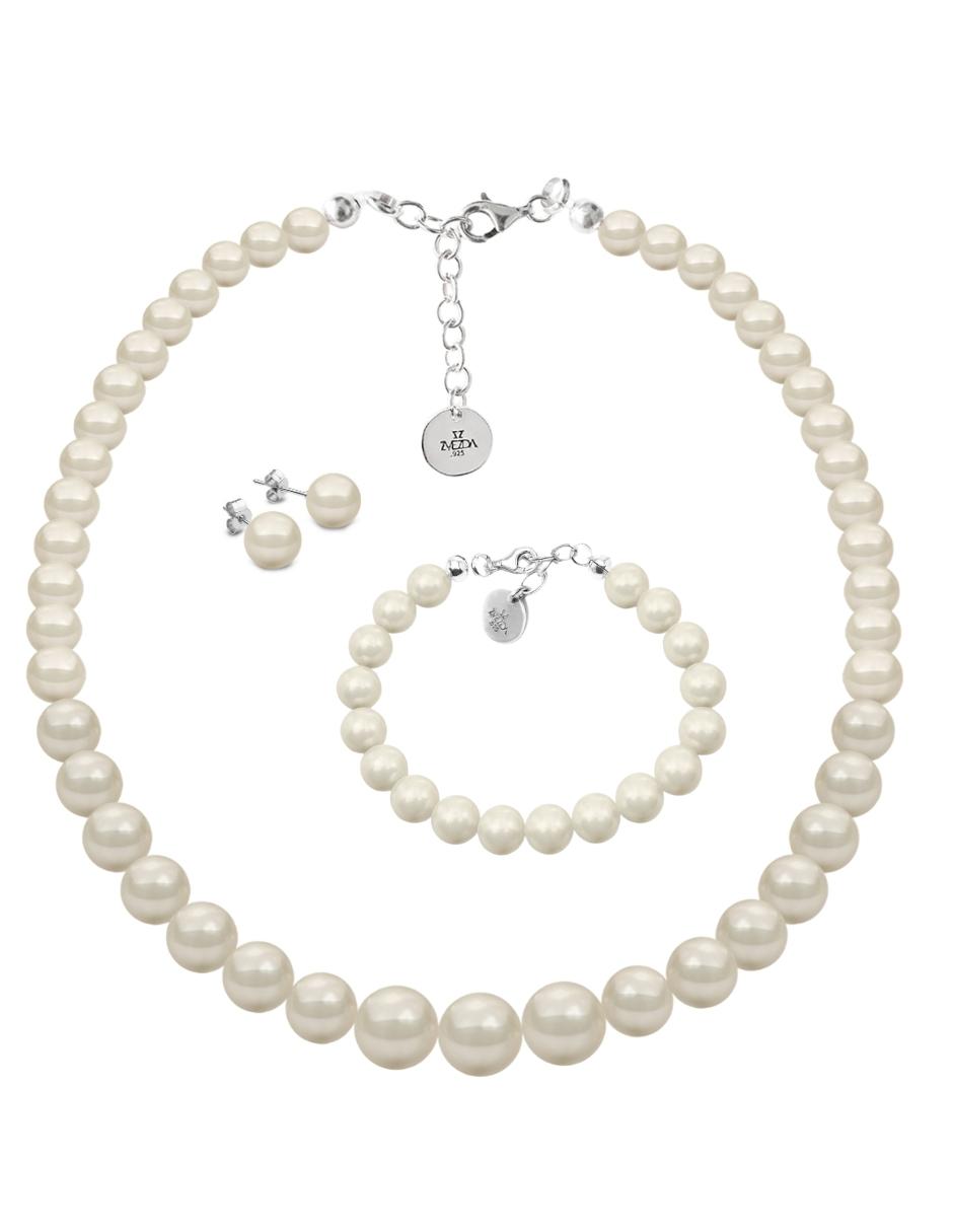Collar, Aretes y Pulsera de Mujer Perlas de cristal Crecientes Plata.925 Zvezda