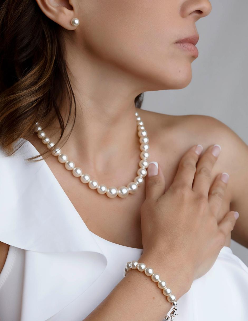 Collar, Aretes y Pulsera de Mujer Perlas de cristal Crecientes Plata.925 Zvezda