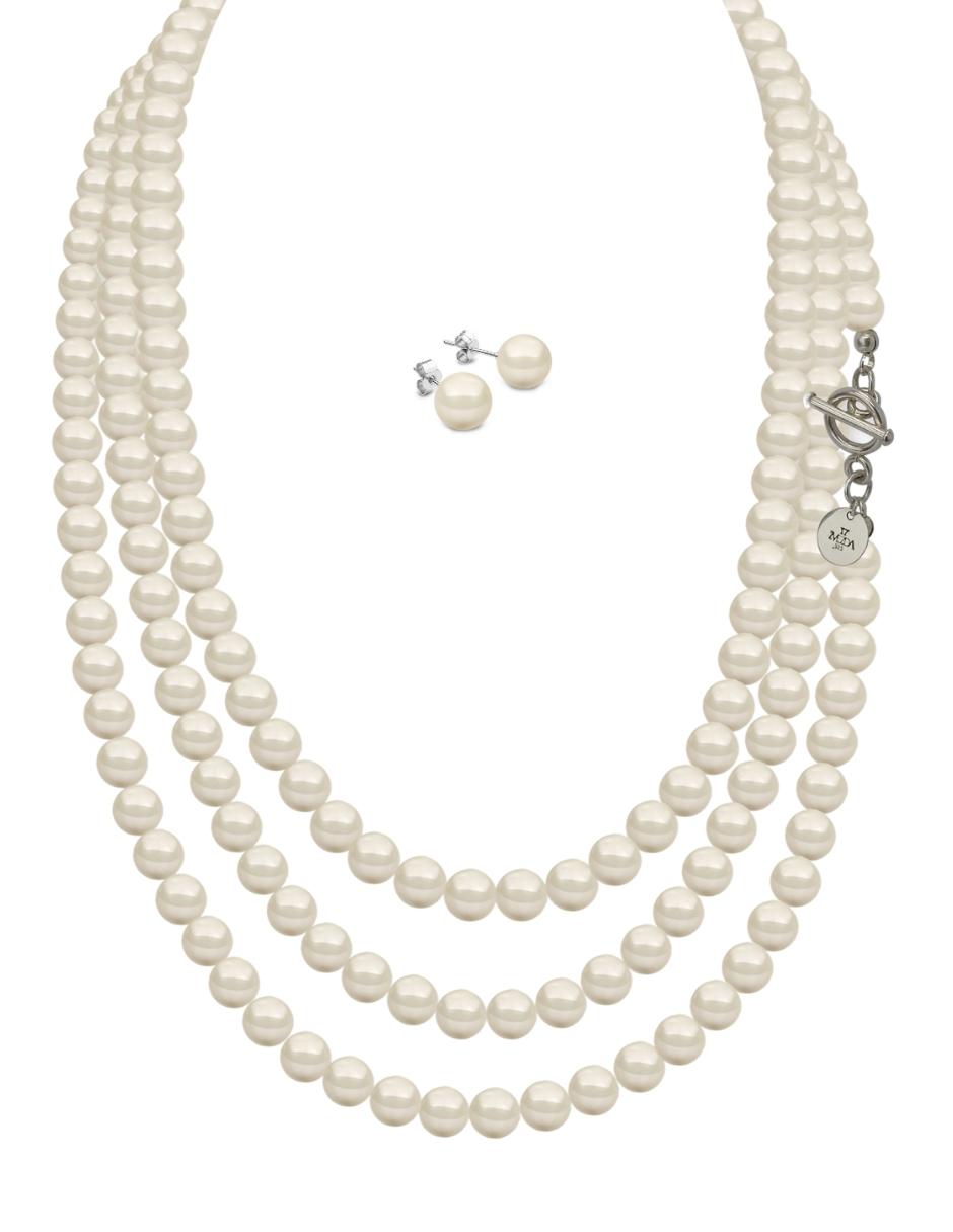 Collar Triple y Aretes de Mujer Perlas de Cristal Plata .925 Zvezda