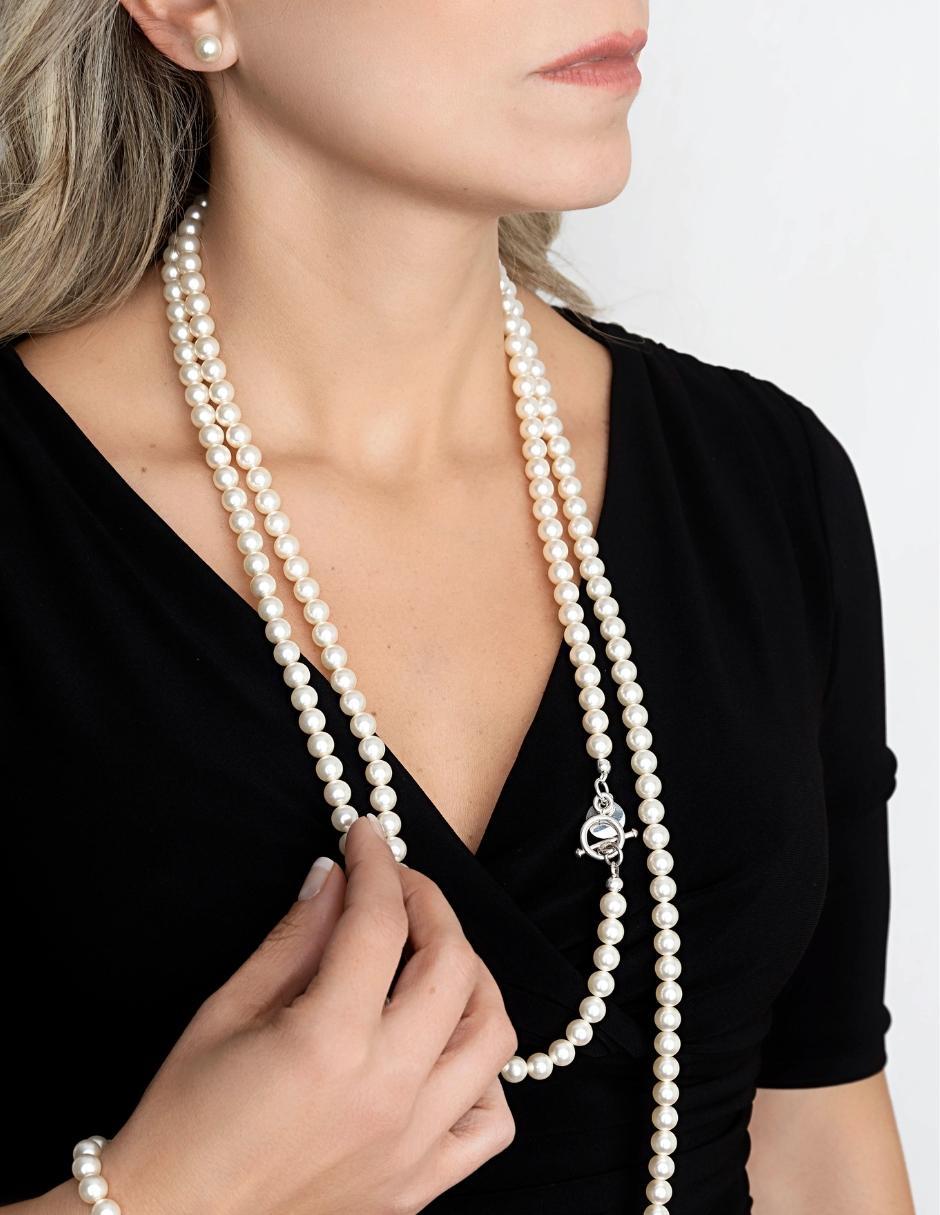 Collar Triple y Aretes de Mujer Perlas de Cristal Plata .925 Zvezda