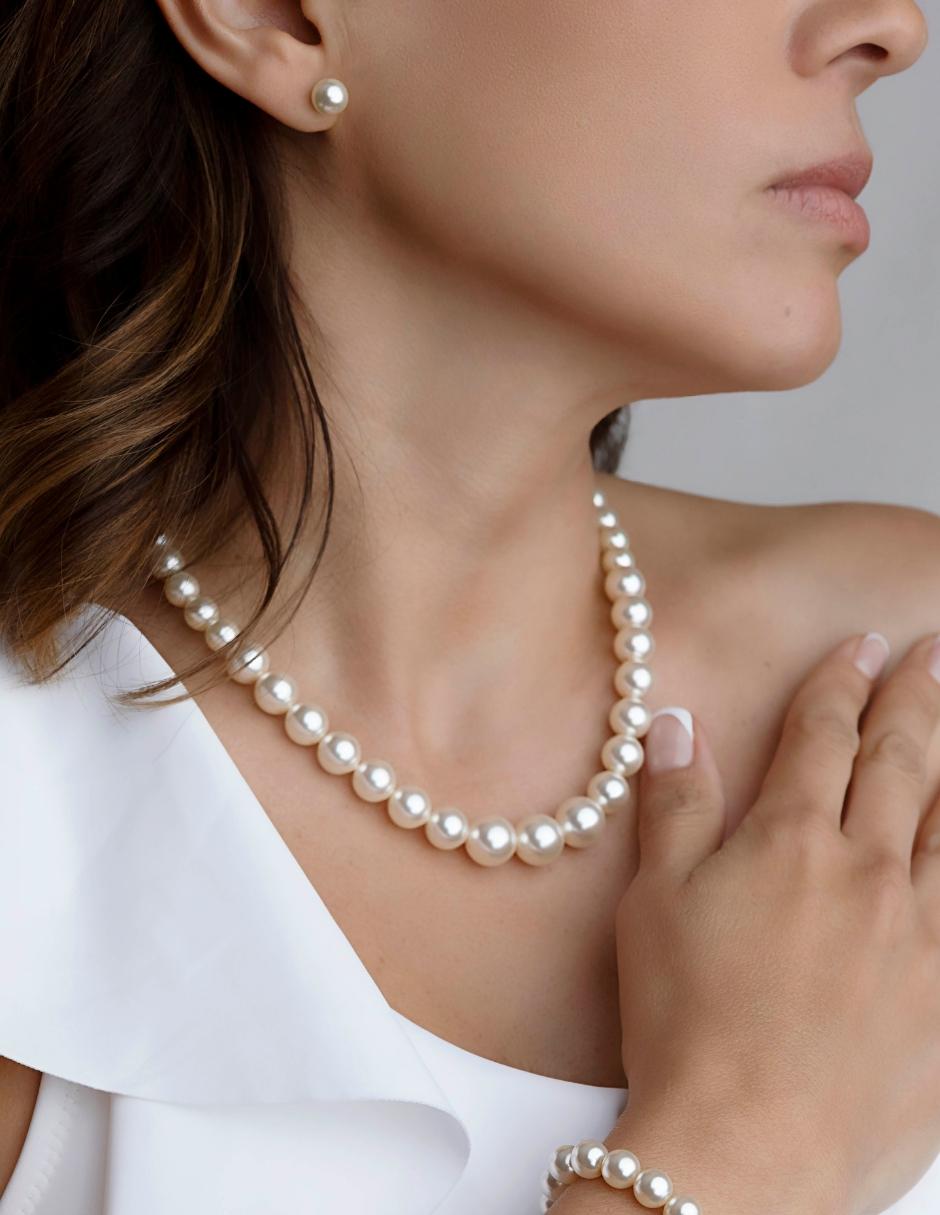 Collar y Aretes de Mujer Perlas de Cristal Crecientes Plata .925 Zvezda